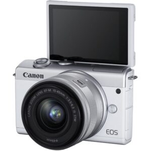 Canon EOS M200 Mirrorless Camera with 15-45mm Lens (White) (3700C009) + 64GB Memory Card + Filter Kit + 2 x LPE12 Battery + Charger + Card Reader + LED Light + Corel Photo Software + More (Renewed)
