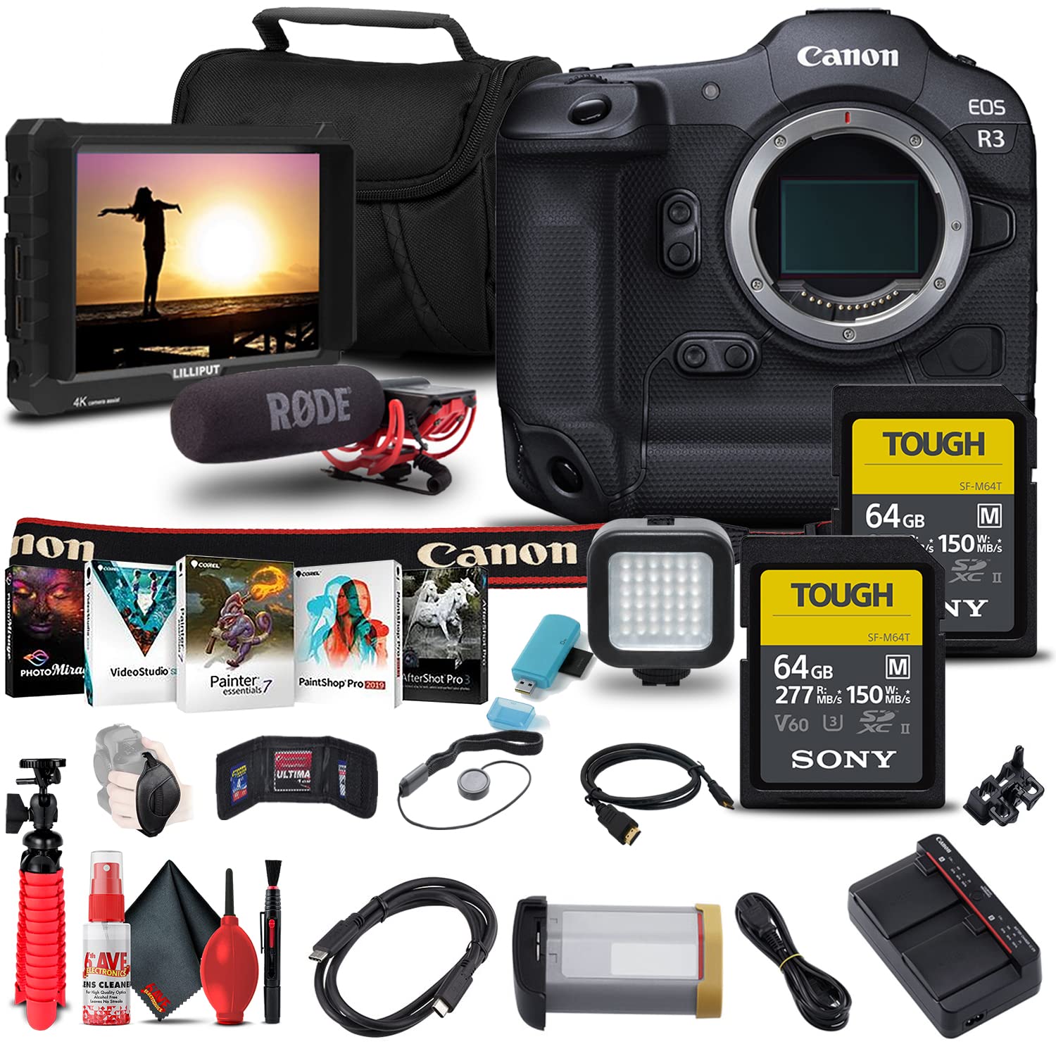 Canon EOS R3 Mirrorless Camera (4895C002) + 4K Monitor + Rode VideoMic + 2 x Sony 64GB TOUGH SD Card + Card Reader + LED Light + Corel Photo Software + HDMI Cable + Case + Flex Tripod + More (Renewed)