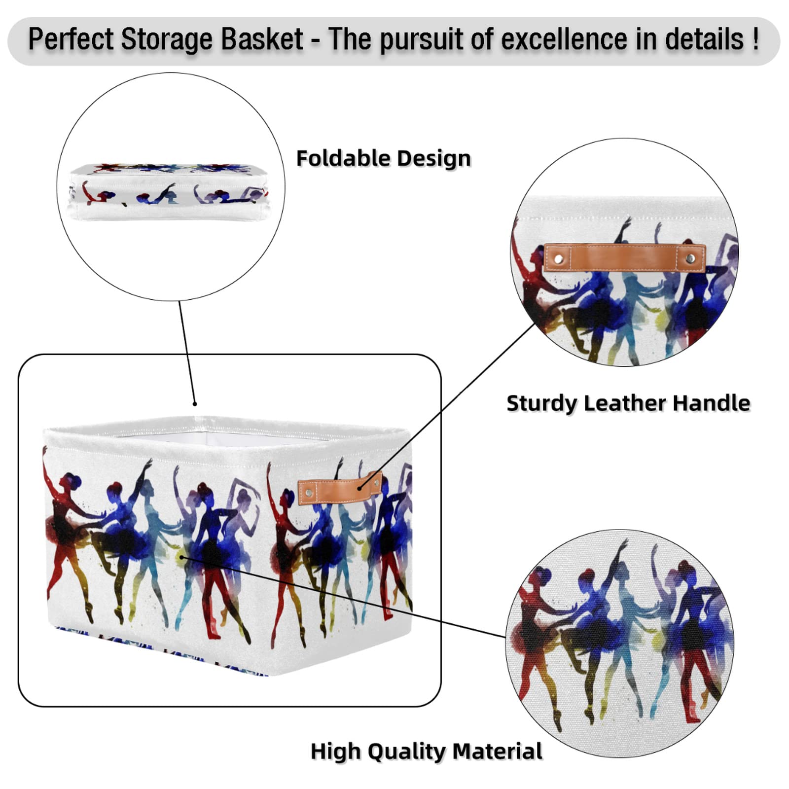 Pardick Ballet Dancer Storage Basket Storage Cube Bins Beautiful Girls Canvas Collapsible Toy Basket Organizer Waterproof Laundry Box with Handle for Shelf Closet Office Bedroom, 1PCS
