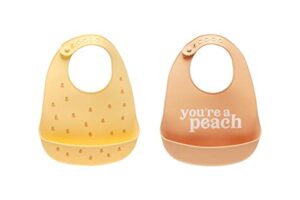 pearhead silicone bib set of 2, you're a peach dishwasher safe bibs with food catcher, earth tone baby bib set, baby feeding accessory for new parents and expecting parents, 2 baby bibs