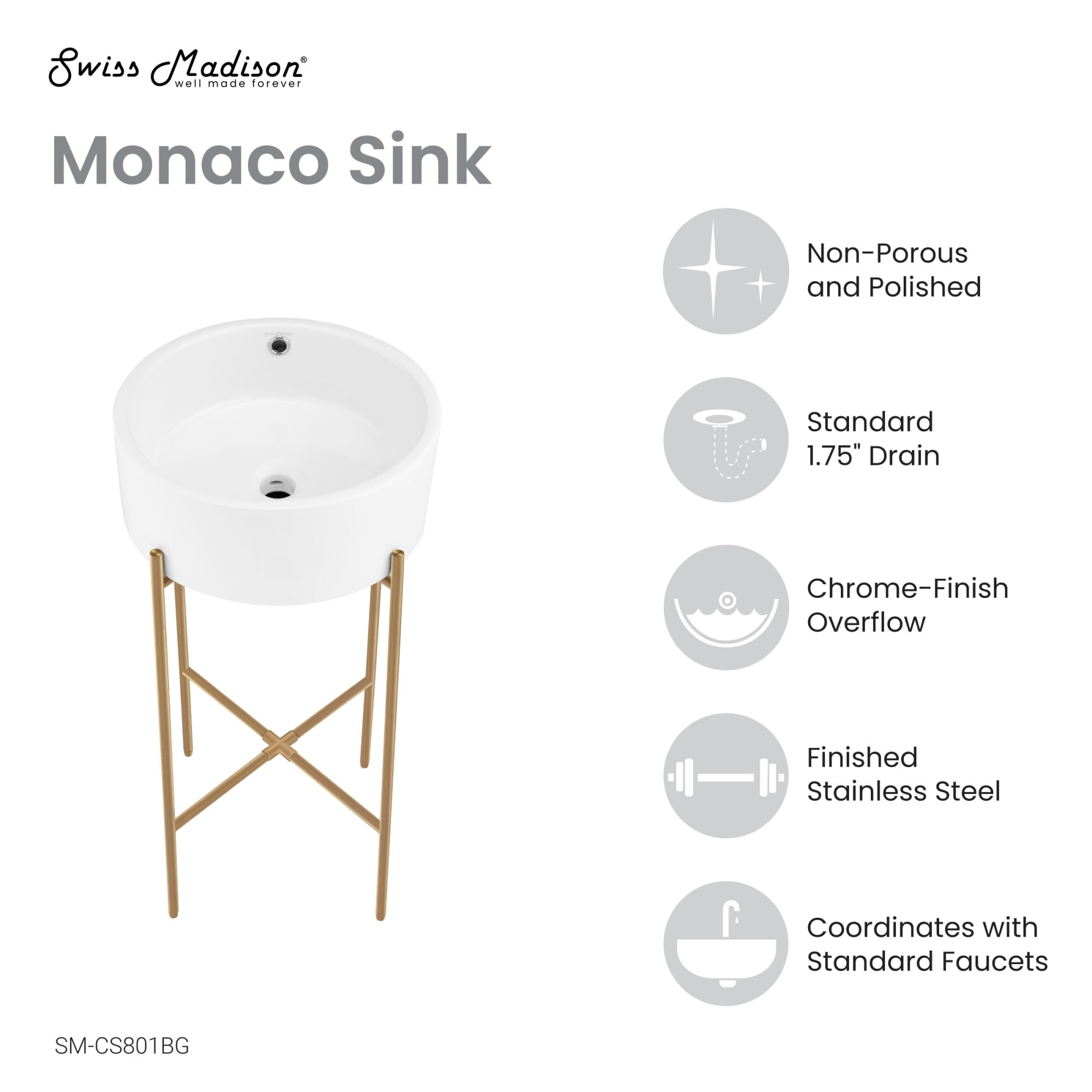 Monaco 16.5" Round Console Sink, White Basin Matte Black Legs