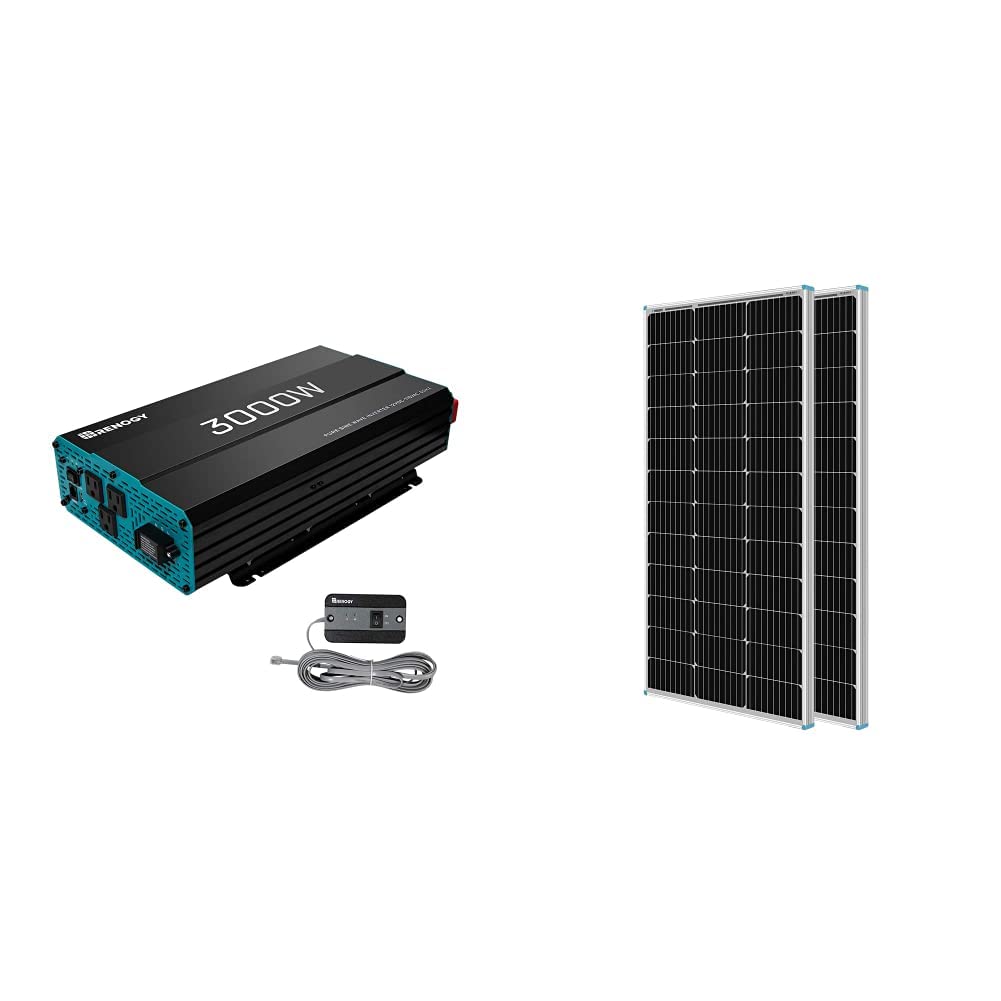 Renogy 3000W Pure Sine Wave Inverter 12V DC to 120V AC Converter & 2PCS 100 Watt Solar Panels 12 Volt Monocrystalline, High-Efficiency Module PV Power Charger, 2-Pack Compact Design