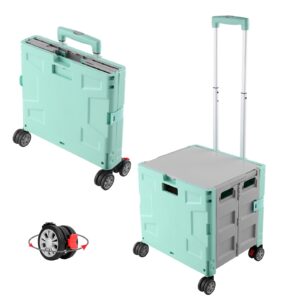 felicon folding utility cart portable rolling crate handcart with durable heavy duty plastic telescoping handle collapsible hidden lid 4 rotate wheels for travel shop move office teacher(green&gray)