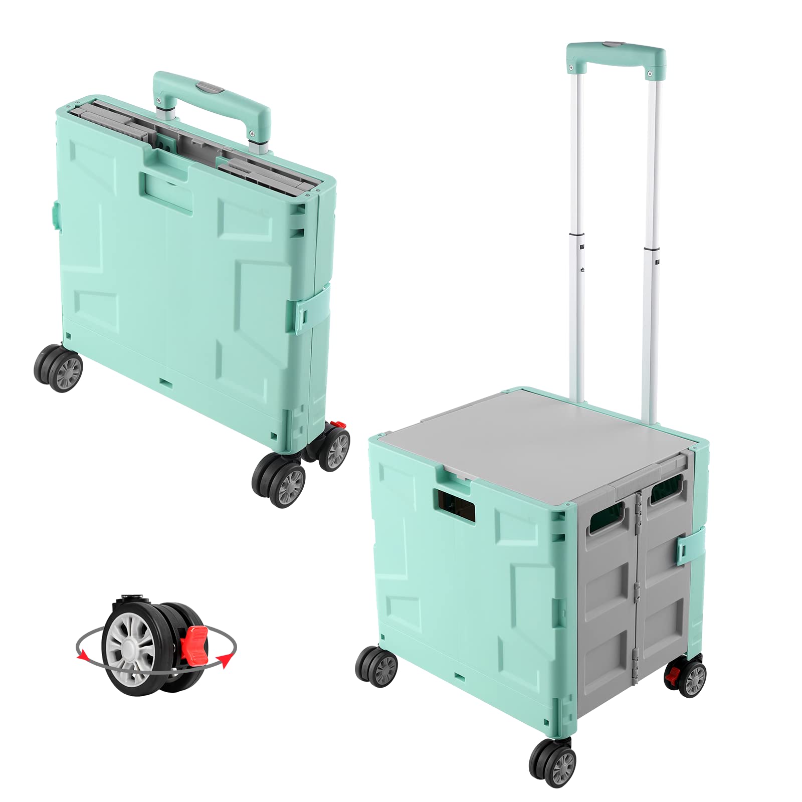 FELICON Folding Utility Cart Portable Rolling Crate Handcart with Durable Heavy Duty Plastic Telescoping Handle Collapsible Hidden Lid 4 Rotate Wheels for Travel Shop Move Office Teacher(Green&Gray)