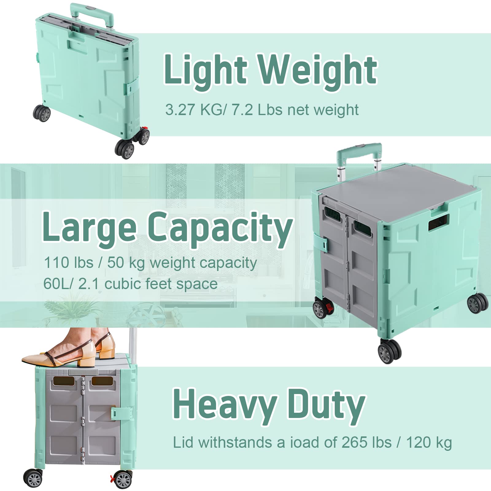 FELICON Folding Utility Cart Portable Rolling Crate Handcart with Durable Heavy Duty Plastic Telescoping Handle Collapsible Hidden Lid 4 Rotate Wheels for Travel Shop Move Office Teacher(Green&Gray)