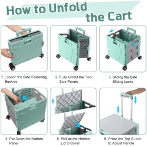 FELICON Folding Utility Cart Portable Rolling Crate Handcart with Durable Heavy Duty Plastic Telescoping Handle Collapsible Hidden Lid 4 Rotate Wheels for Travel Shop Move Office Teacher(Green&Gray)