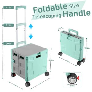 FELICON Folding Utility Cart Portable Rolling Crate Handcart with Durable Heavy Duty Plastic Telescoping Handle Collapsible Hidden Lid 4 Rotate Wheels for Travel Shop Move Office Teacher(Green&Gray)