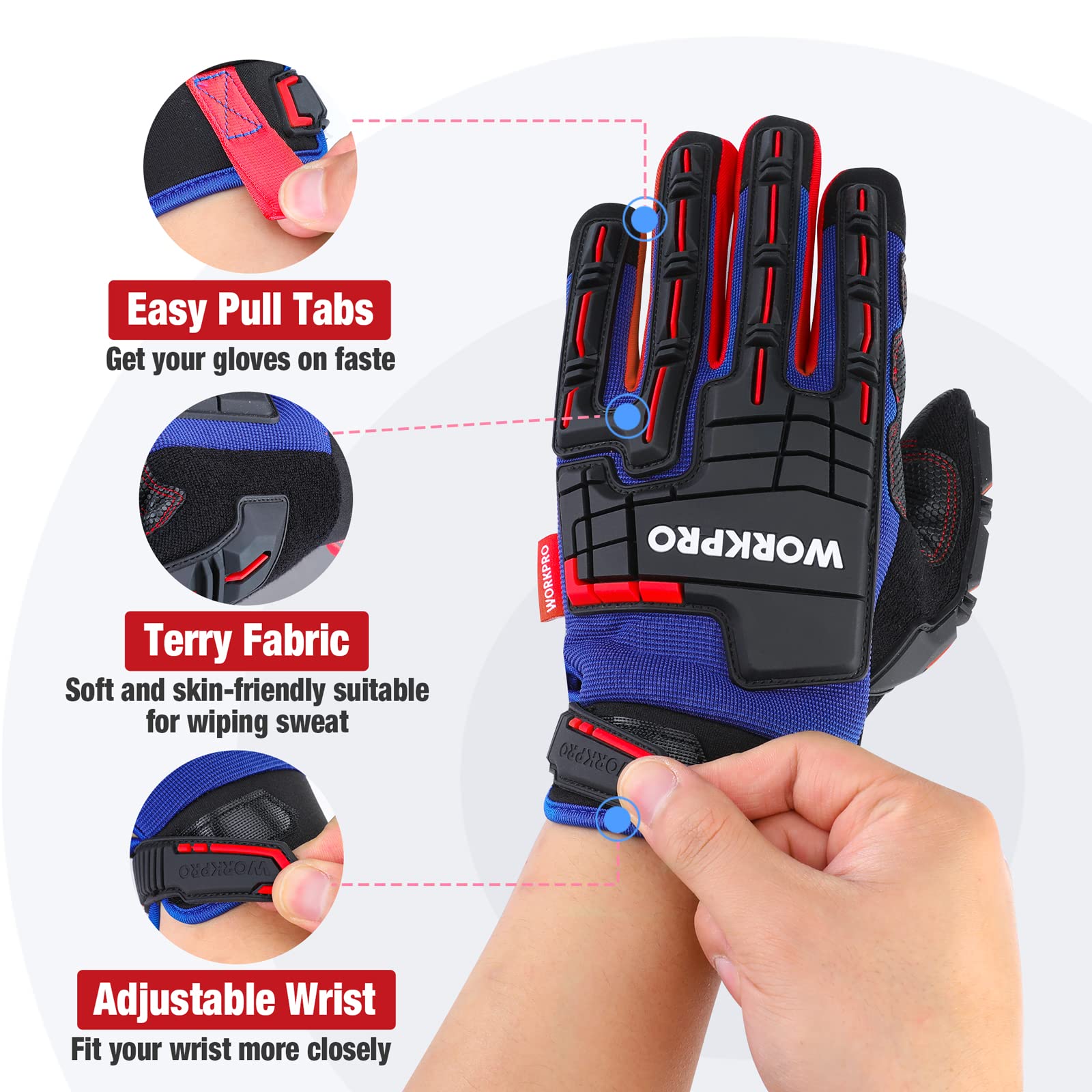 WORKPRO Heavy Duty Work Gloves, Synthetic Leather Impact Protection Working Gloves for Men, PVC Protection, Touch Screen, Terry Fabric, Non-Slip, Large