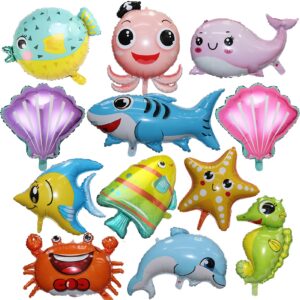 12 pieces large cute sea animal balloons octopus shark fish dolphin hippocampus crab scallops foil balloons for boys girls sea underwater animals theme party decoration