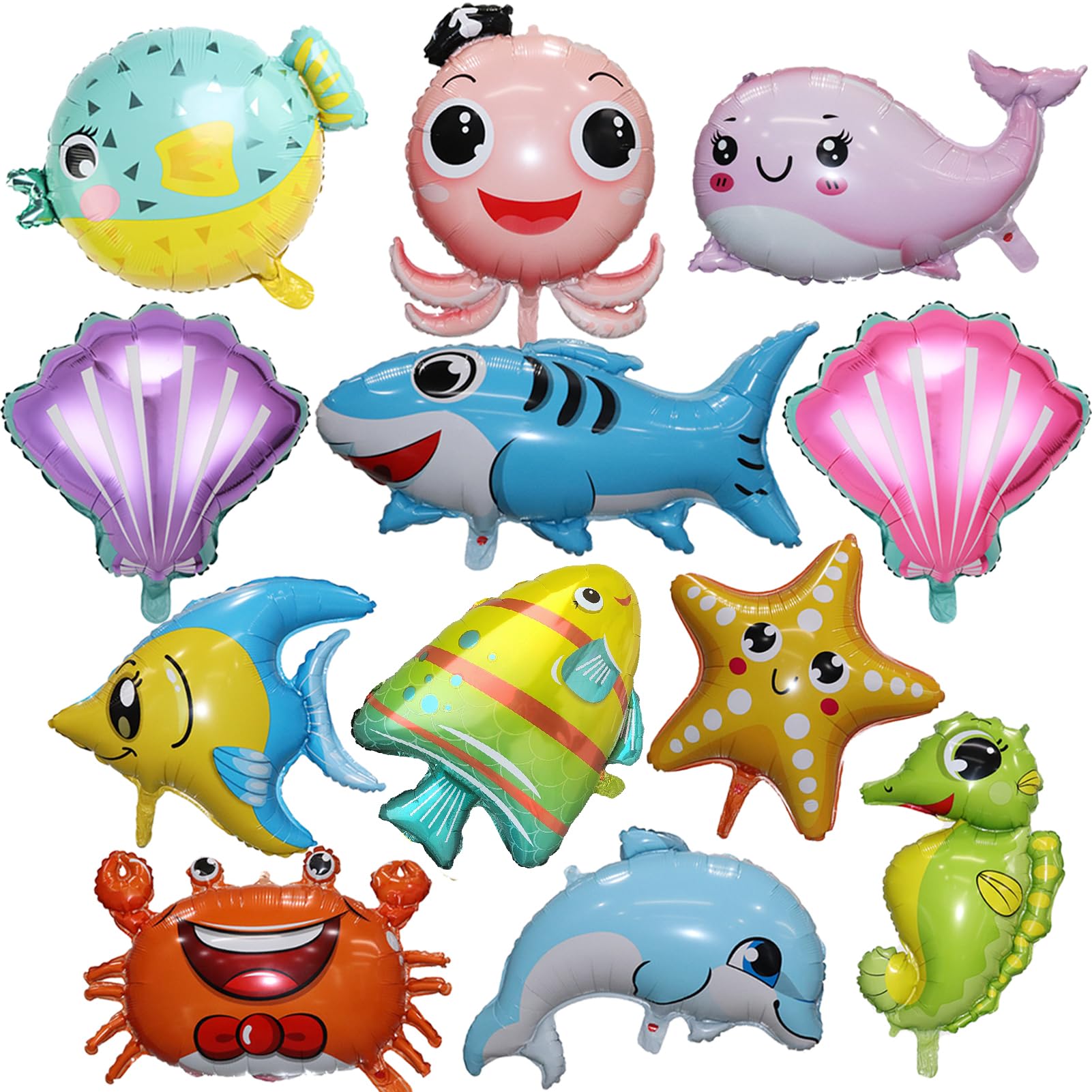 12 pieces Large Cute Sea Animal Balloons Octopus Shark Fish Dolphin Hippocampus Crab Scallops Foil Balloons for Boys Girls Sea Underwater Animals Theme Party Decoration