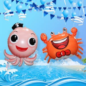 12 pieces Large Cute Sea Animal Balloons Octopus Shark Fish Dolphin Hippocampus Crab Scallops Foil Balloons for Boys Girls Sea Underwater Animals Theme Party Decoration