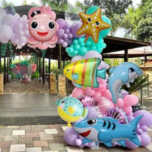 12 pieces Large Cute Sea Animal Balloons Octopus Shark Fish Dolphin Hippocampus Crab Scallops Foil Balloons for Boys Girls Sea Underwater Animals Theme Party Decoration