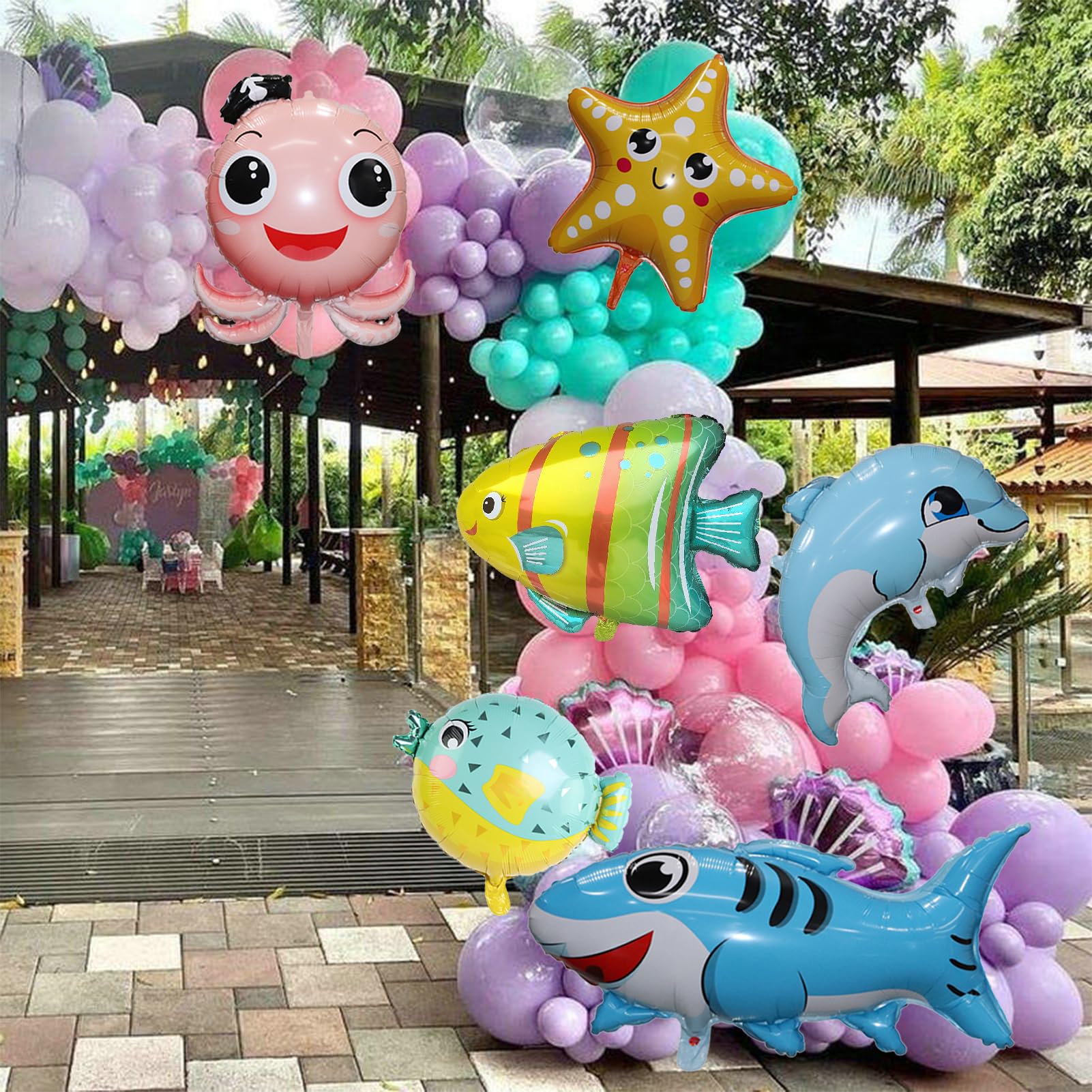 12 pieces Large Cute Sea Animal Balloons Octopus Shark Fish Dolphin Hippocampus Crab Scallops Foil Balloons for Boys Girls Sea Underwater Animals Theme Party Decoration