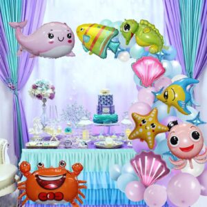 12 pieces Large Cute Sea Animal Balloons Octopus Shark Fish Dolphin Hippocampus Crab Scallops Foil Balloons for Boys Girls Sea Underwater Animals Theme Party Decoration