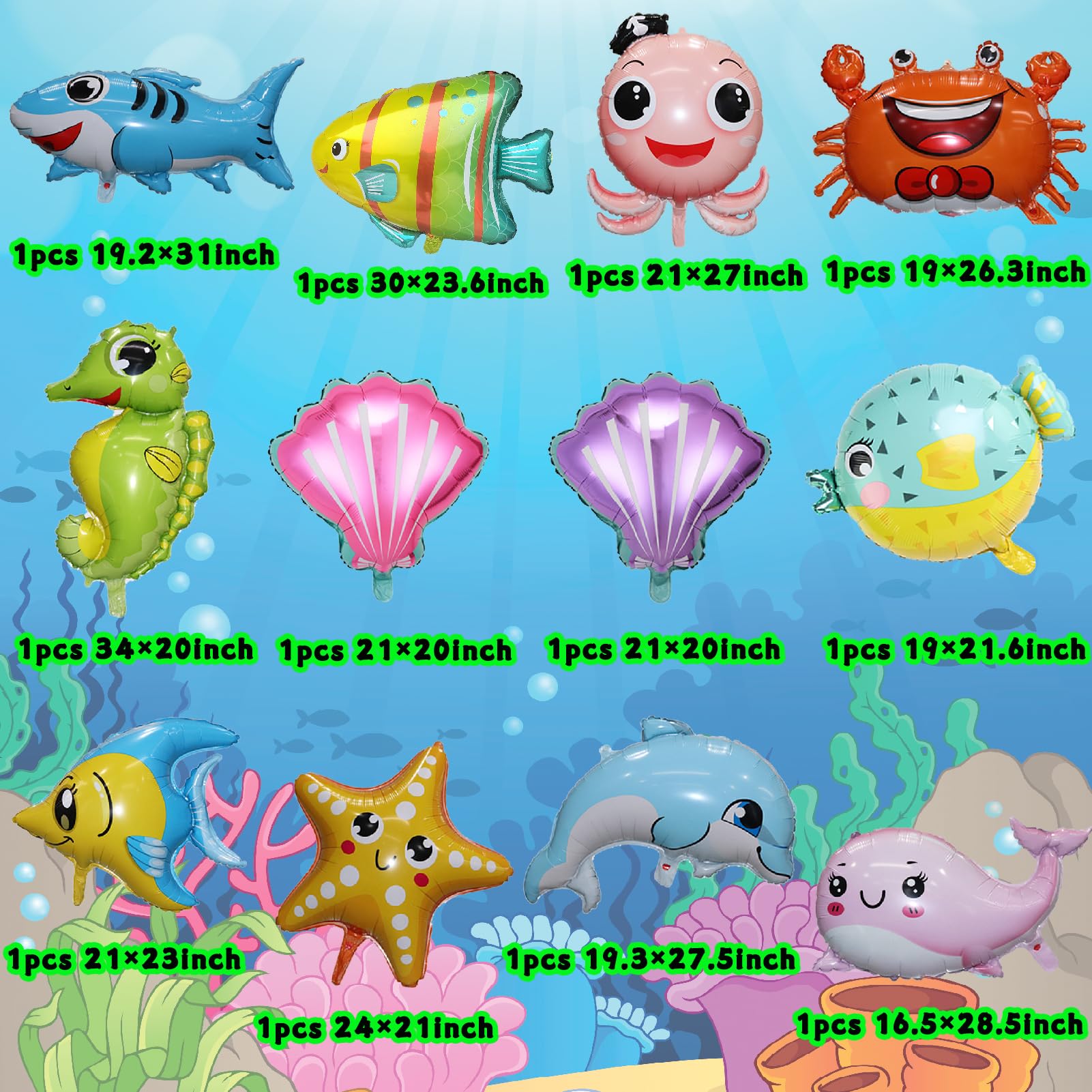 12 pieces Large Cute Sea Animal Balloons Octopus Shark Fish Dolphin Hippocampus Crab Scallops Foil Balloons for Boys Girls Sea Underwater Animals Theme Party Decoration