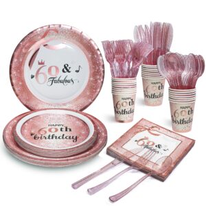 HOMIX 60 and Fabulous Party Plates Napkins Cups Sets Rose Gold with Plastic Cutlery Sets Serves 24 for Women 60th Birthday Party Supplies and Decorations