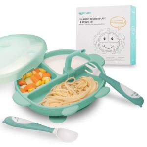 qishare silicone suction plates for babies & toddlers - strong suction grip divided dish - self eating utensils set with straw, fork, spoon for kids - dishwasher-safe toddler plates (green)