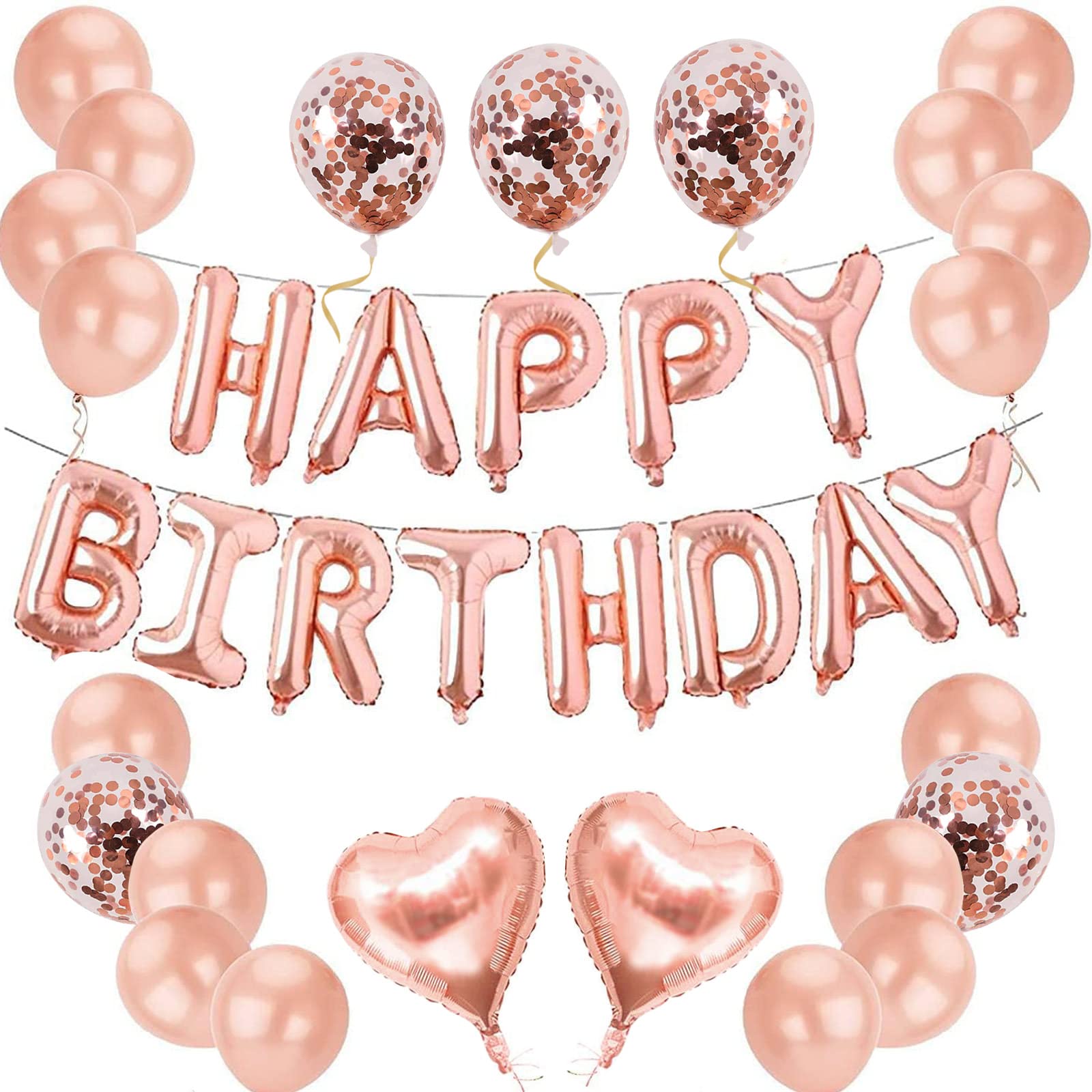 40pcs Pink Rose Gold Birthday Decorations, 3D Mylar Foil Happy Birthday Banner and 18inch Big Heart Star Confetti Latex Balloons, Ecofriendly Party Decorations Supplies for kids Girls Women