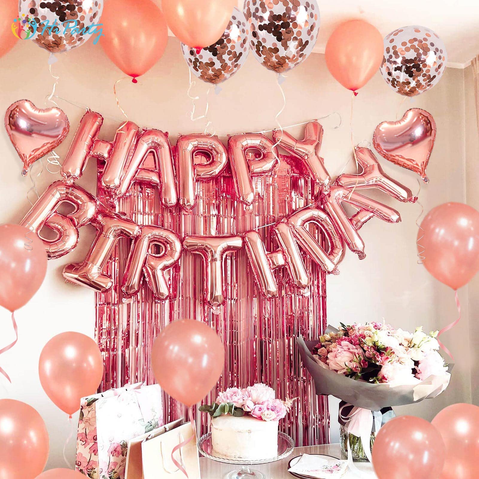 40pcs Pink Rose Gold Birthday Decorations, 3D Mylar Foil Happy Birthday Banner and 18inch Big Heart Star Confetti Latex Balloons, Ecofriendly Party Decorations Supplies for kids Girls Women