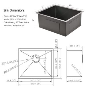 20x17 Inch Black Stainless Steel Undermount Kitchen Bar Sink, Luckyhorse 16 Gauge Deep Matte Black Stainless Steel Undermount Small Kitchen Sink LH016S