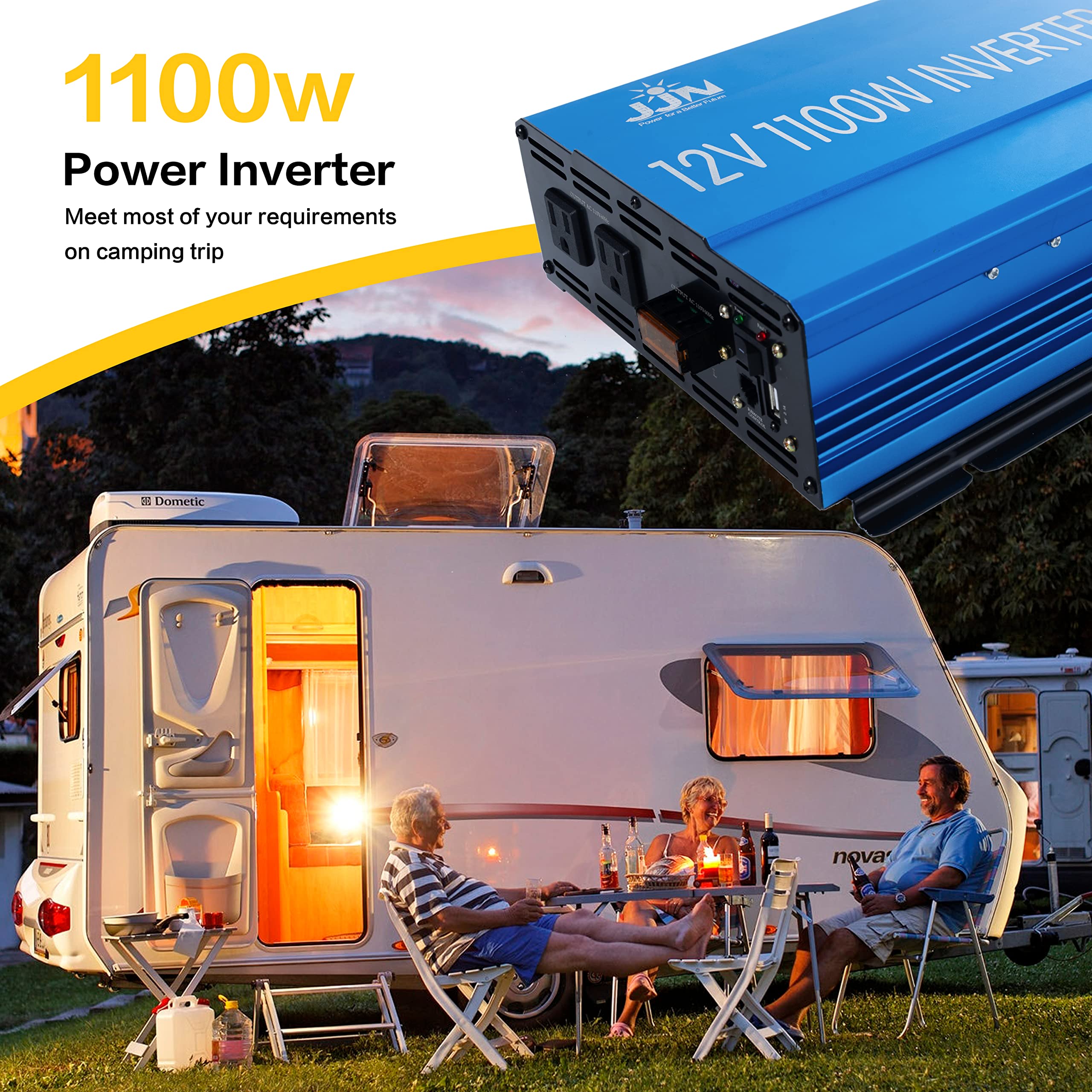 JJN Power Inverter 1100 Watt Modified Sine Wave Inverter 12V DC to 110V AC Converter for Home, Laptop, Off-Grid Solar Power Inverter with Built-in 5V/2.1A USB Port, 2 AC Outlets, Remote Controller