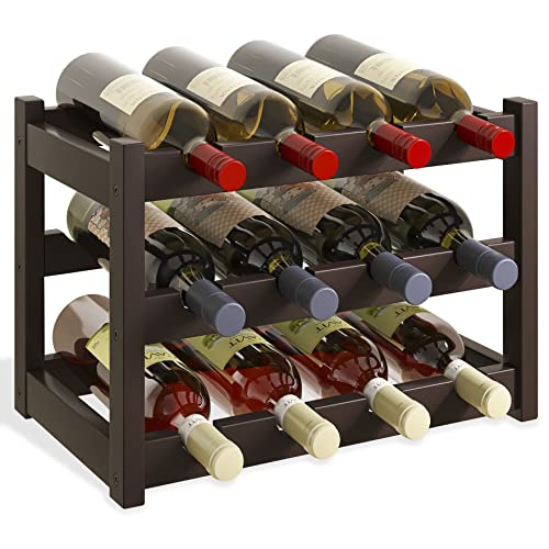 SMIBUY Bamboo Wine Rack, 12 Bottles Display Holder, 3-Tier Free Standing Storage Shelves for Kitchen, Pantry, Cellar, Bar (Dark Brown)