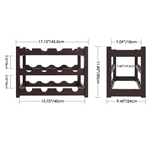 SMIBUY Bamboo Wine Rack, 12 Bottles Display Holder, 3-Tier Free Standing Storage Shelves for Kitchen, Pantry, Cellar, Bar (Dark Brown)