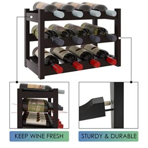 SMIBUY Bamboo Wine Rack, 12 Bottles Display Holder, 3-Tier Free Standing Storage Shelves for Kitchen, Pantry, Cellar, Bar (Dark Brown)