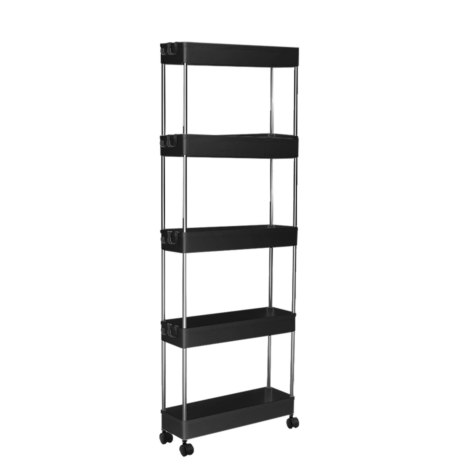 mupera Slim Storage Cart - Upgraded 5 Tier Rolling Utility Cart with Wheels Organizer for Kitchen Bathroom Laundry Narrow Places, Tower Rack Shelf Trolley Cart w/ 8 Side Hooks, Black