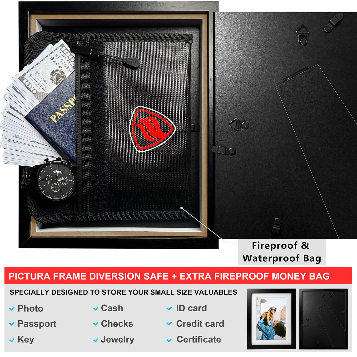 Photo Picture Frame Diversion Safe with Fireproof & Waterproof Bag, Valuable Home Security Storage Safe, ANZAKY Mini Safe Box with Hidden Compartment to Shield your Money, Cash, 5"x7"