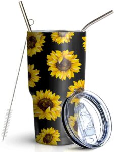 chiutuuy 30 oz sunflower tumbler double wall stainless steel vacuum insulated travel coffee mug with lid metal straws and brush (30 oz)