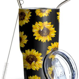 CHIUTUUY 30 oz Sunflower Tumbler Double Wall Stainless Steel Vacuum Insulated Travel Coffee Mug with Lid Metal Straws and Brush (30 OZ)