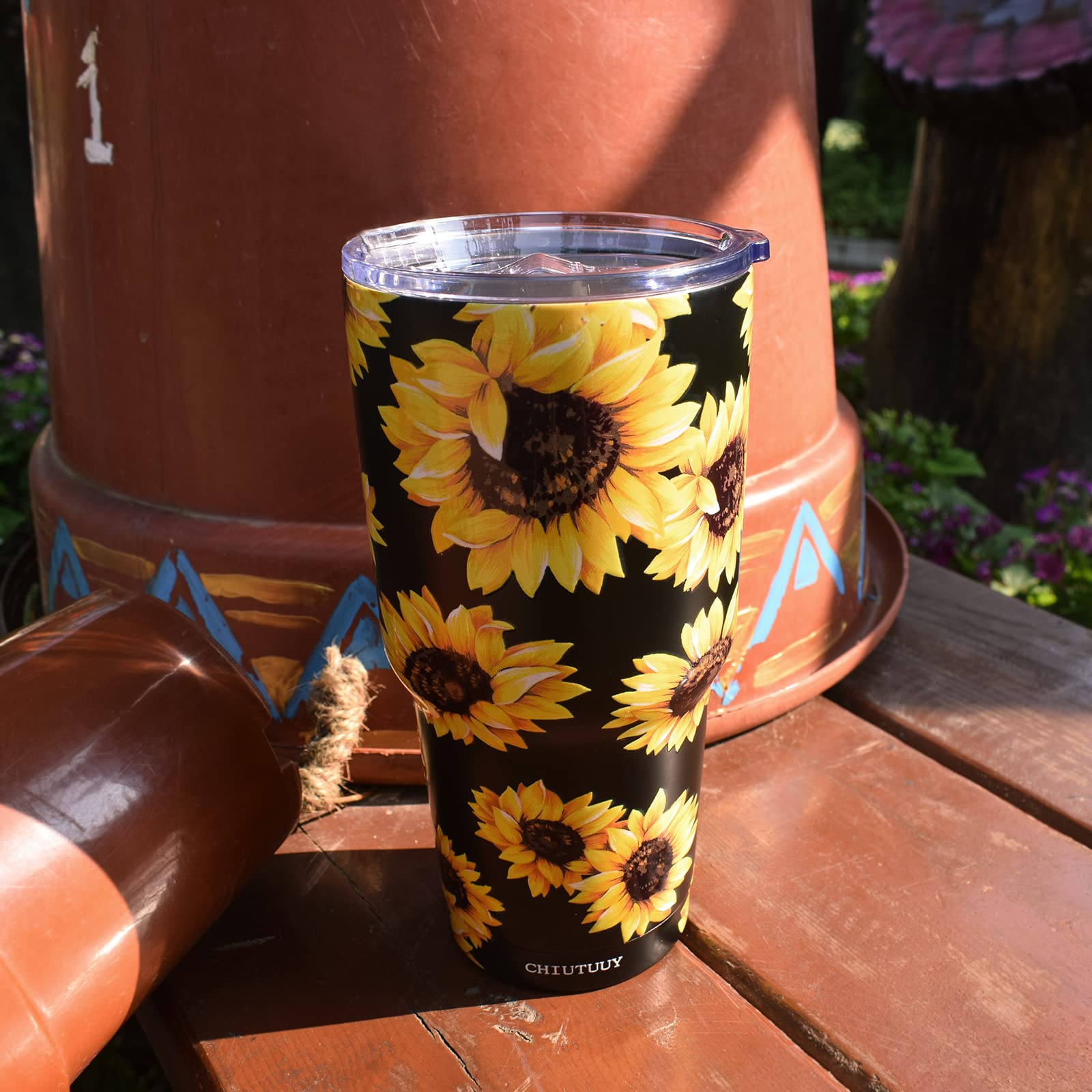 CHIUTUUY 30 oz Sunflower Tumbler Double Wall Stainless Steel Vacuum Insulated Travel Coffee Mug with Lid Metal Straws and Brush (30 OZ)