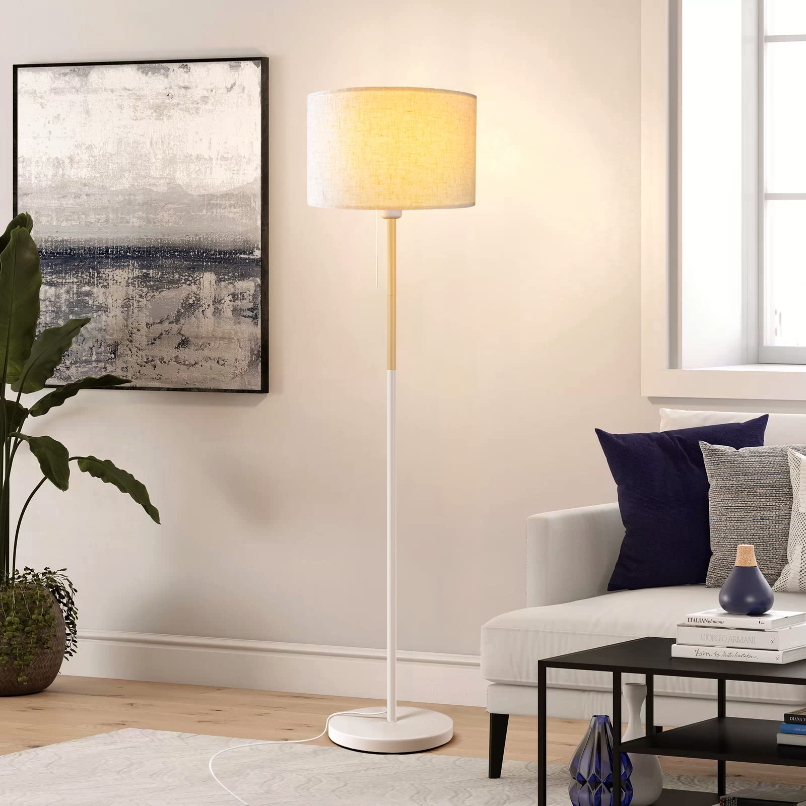 Modern Floor Lamp for Living Room Traditional Farmhouse Floor Lamps Mid-Century Pole Lamp with Linen Lamp Shade, Standing Tall Floor Lamps for Bedrooms and Office (White)