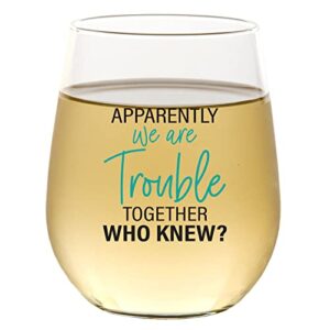 we are trouble together - funny wine glass for women, best friend gift for women, funny gifts for her, birthday gifts for women or men, unique gift for girlfriend, sister, bff 15oz stemless wine glass