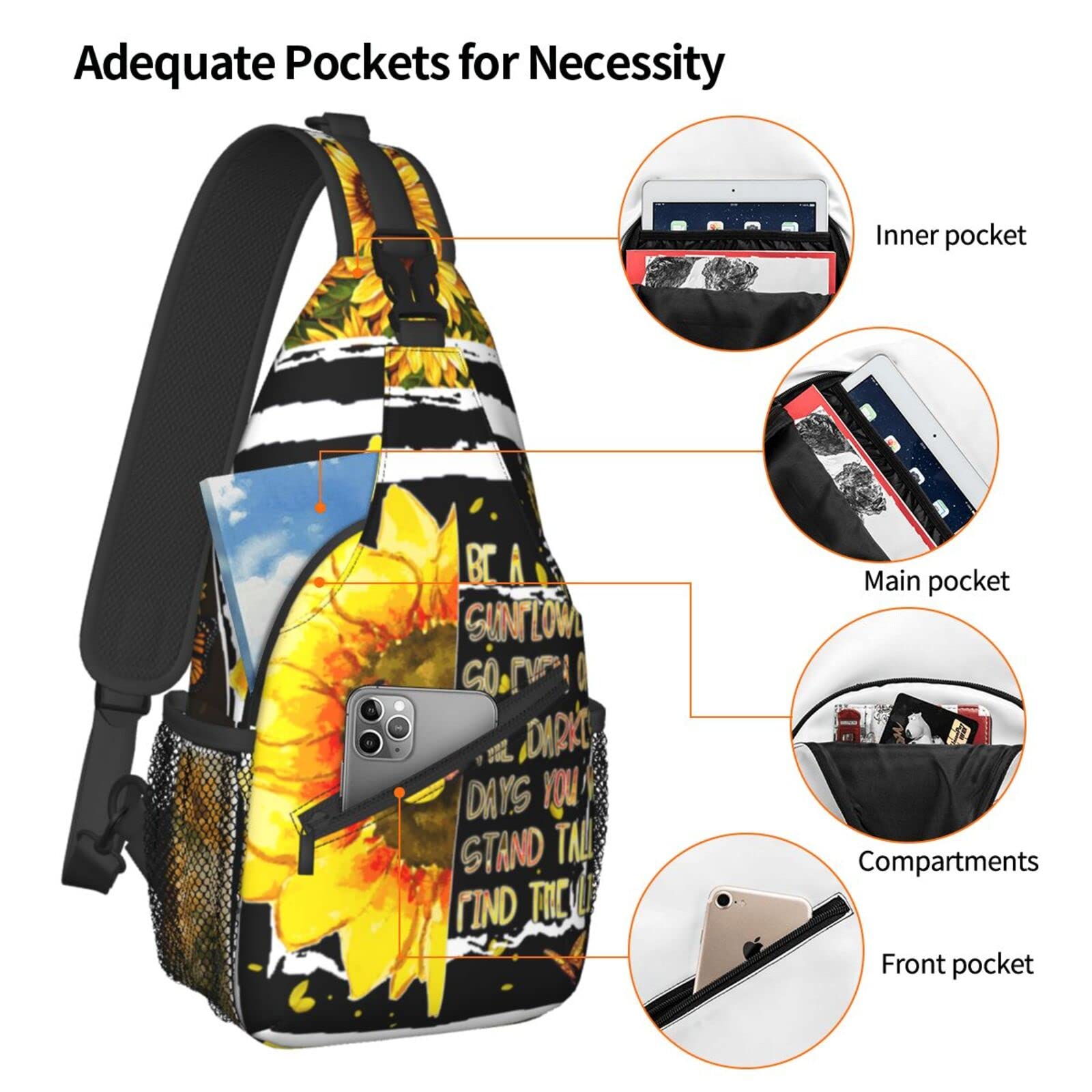 Sunflower Cross chest bag diagonally Flower Sling Bag Unisex Crossbody Backpack Travel Hiking Casual Chest Bags Lightweight Fashion Chest Daypack