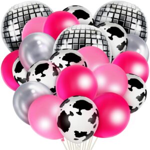 50 pcs cow print balloon disco ball balloons western cowgirl party round disco balloons for cowgirl party 4d metallic balloons foil mirror balloon for cowgirl theme party decorations with ribbon tape