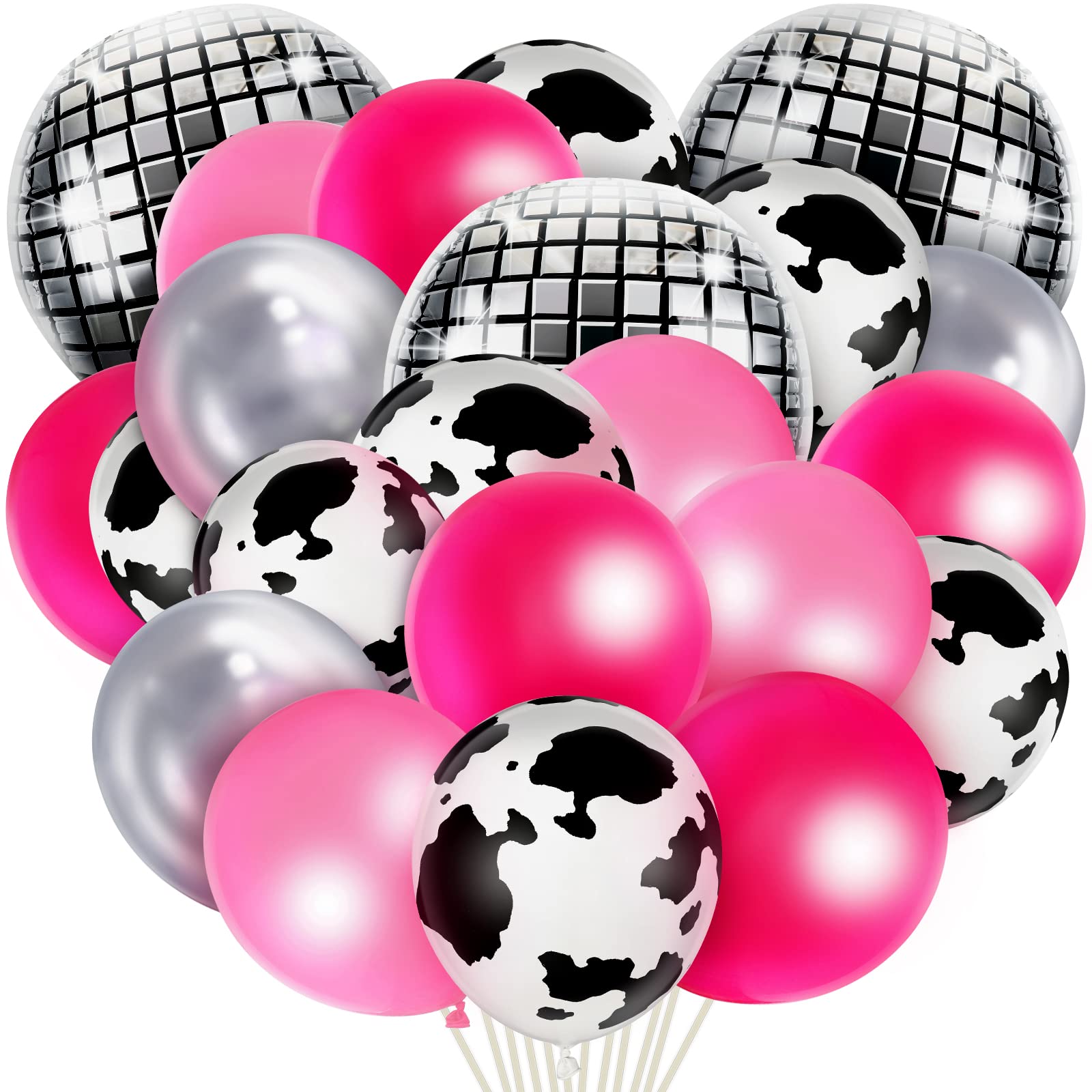 50 Pcs Cow Print Balloon Disco Ball Balloons Western Cowgirl Party Round Disco Balloons for Cowgirl Party 4D Metallic Balloons Foil Mirror Balloon for Cowgirl Theme Party Decorations with Ribbon Tape