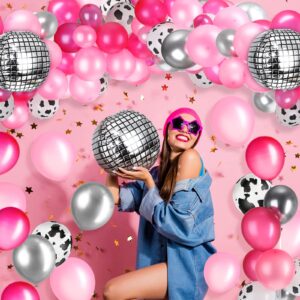 50 Pcs Cow Print Balloon Disco Ball Balloons Western Cowgirl Party Round Disco Balloons for Cowgirl Party 4D Metallic Balloons Foil Mirror Balloon for Cowgirl Theme Party Decorations with Ribbon Tape