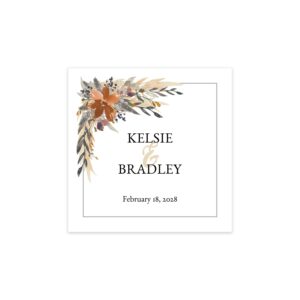 indie autumn floral personalized wedding beverage napkins / 100 custom 4 3/4" x 4 3/4" boho floral cocktail 3 ply napkins/bridal shower engagement party supplies/made in the usa
