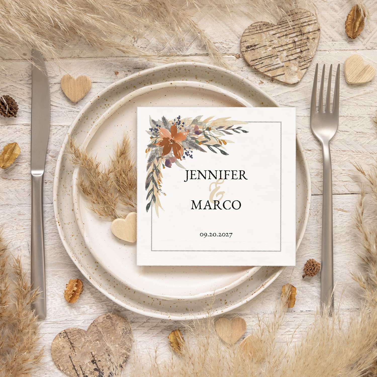 Indie Autumn Floral Personalized Wedding Beverage Napkins / 100 Custom 4 3/4" x 4 3/4" Boho Floral Cocktail 3 Ply Napkins/Bridal Shower Engagement Party Supplies/Made In The USA