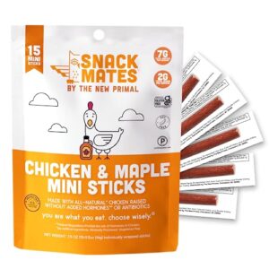 the new primal snack mates chicken & maple sticks, gluten free healthy snacks for kids, low sugar high protein kids snack for school, mini paleo jerky meat stick, 7g protein, 50 calories, 15 pack