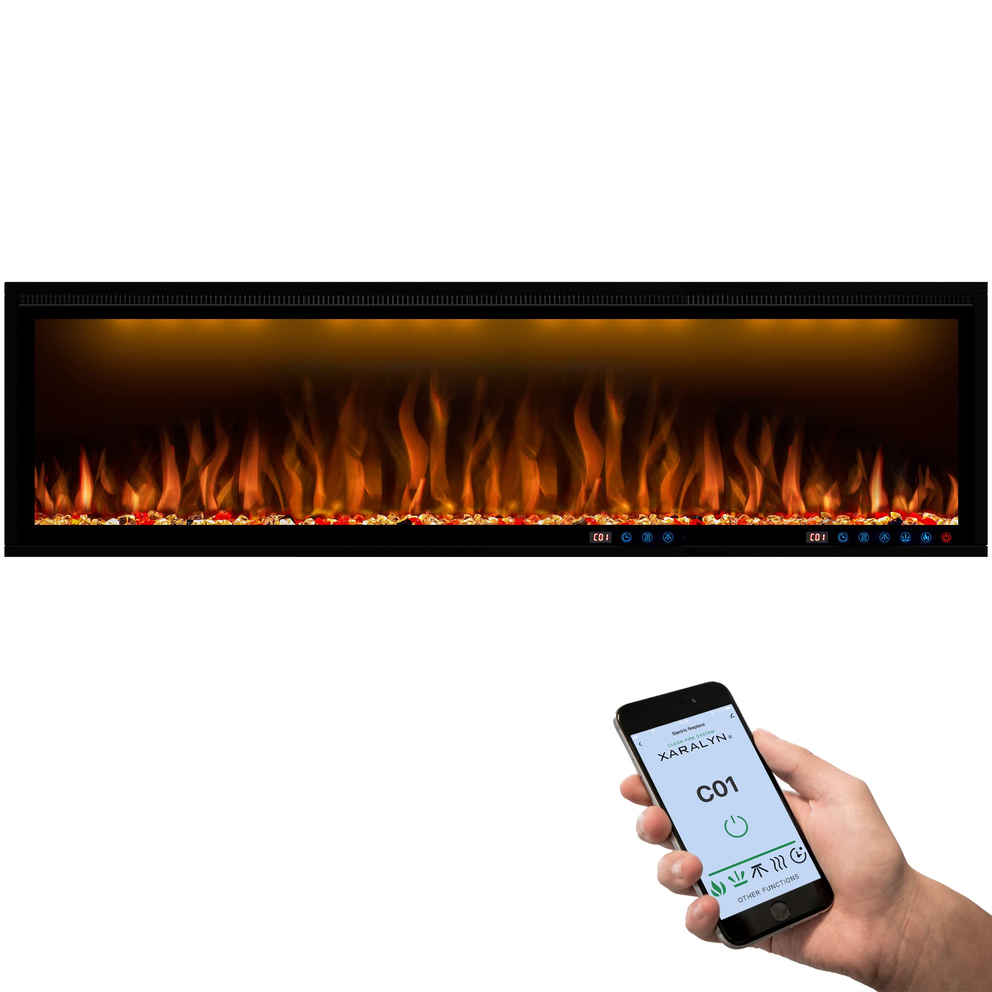 Benrocks 60'' Smart Electric Fireplace Inserts, Recessed & Wall Mounted Fireplace, 13 * 13 * 3 Color Combinations, App Control Fireplace Heater, Timer, Logs & Crystals 750/1500W Black