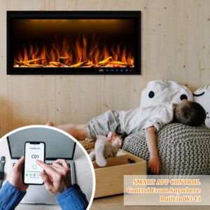 Benrocks 60'' Smart Electric Fireplace Inserts, Recessed & Wall Mounted Fireplace, 13 * 13 * 3 Color Combinations, App Control Fireplace Heater, Timer, Logs & Crystals 750/1500W Black