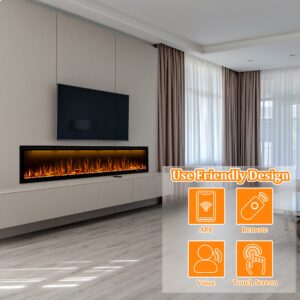 Benrocks 60'' Smart Electric Fireplace Inserts, Recessed & Wall Mounted Fireplace, 13 * 13 * 3 Color Combinations, App Control Fireplace Heater, Timer, Logs & Crystals 750/1500W Black