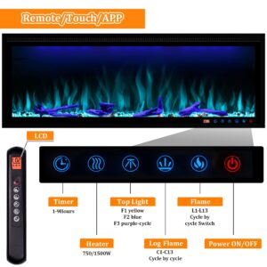 Benrocks 60'' Smart Electric Fireplace Inserts, Recessed & Wall Mounted Fireplace, 13 * 13 * 3 Color Combinations, App Control Fireplace Heater, Timer, Logs & Crystals 750/1500W Black