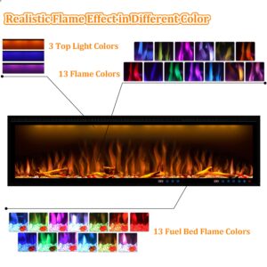 Benrocks 60'' Smart Electric Fireplace Inserts, Recessed & Wall Mounted Fireplace, 13 * 13 * 3 Color Combinations, App Control Fireplace Heater, Timer, Logs & Crystals 750/1500W Black