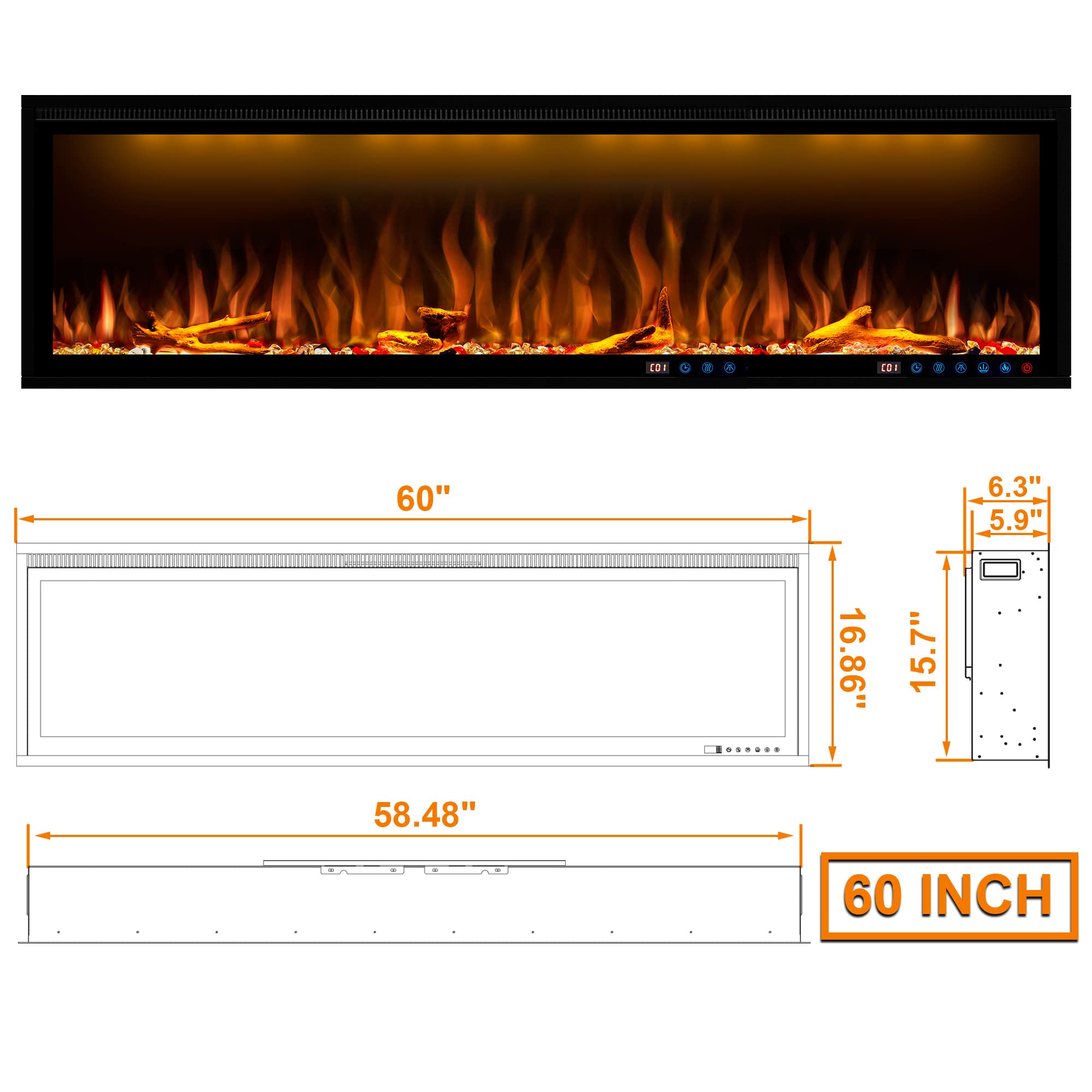 Benrocks 60'' Smart Electric Fireplace Inserts, Recessed & Wall Mounted Fireplace, 13 * 13 * 3 Color Combinations, App Control Fireplace Heater, Timer, Logs & Crystals 750/1500W Black