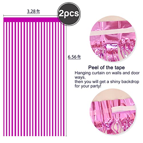 2 Pcs Hot Pink Metallic Tinsel Foil Fringe Curtains Backdrop, 3.28 ft x 6.56 ft Streamers for Birthday Wedding Engagement Bachelorette Party Photo Booth Bridal Shower Baby Shower Decorations Supplies