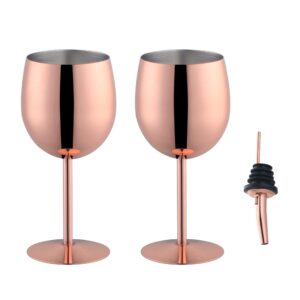buy go! stainless steel wine glass,buygo 2-pack stemmed rose gold wine glasses with pourer,unbreakable wedding goblets drinkware for champagne,cocktail,12 oz